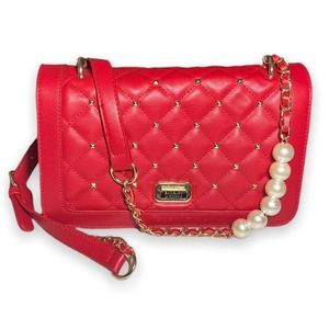 Badgley Mischka Red Vegan Leather Pearl Crossbody Purse